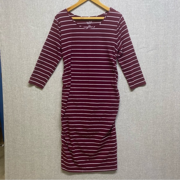 Isabel Maternity Size L Midi Dress Bodycon Stripes Stretchy Comfy Fall Burgundy - Picture 2 of 9
